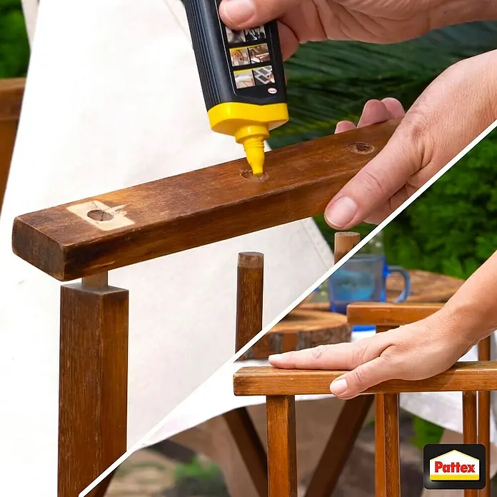 Pattex 100% Repair Alleskleber - 100 g, Flüssig, Lösemittelfrei - Eine Person verwendet Pattex Holzleim, um einen Holzstuhl zu reparieren. Das Produkt ist ideal für Möbelreparaturen.