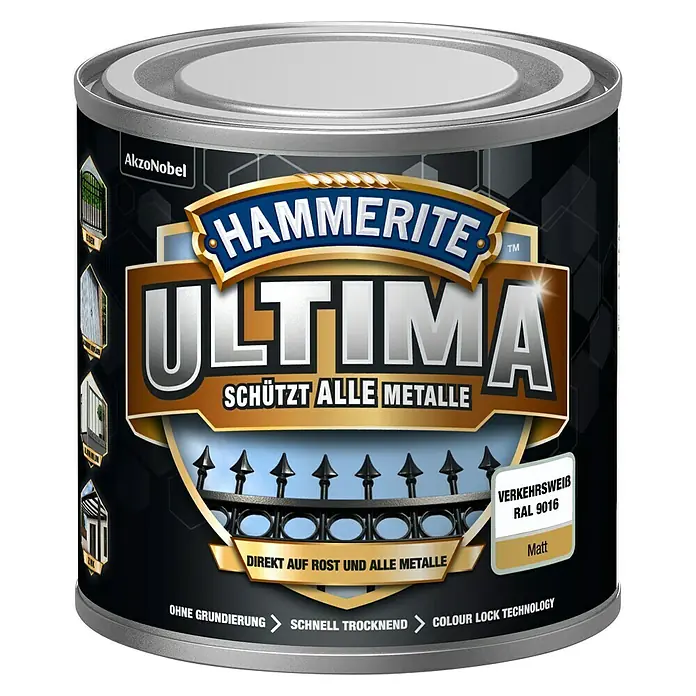 Hammerite Ultima Metall-Schutzlack - RAL 9016, Verkehrsweiß, 250 ml, Matt, Wasserbasiert - Dose Hammerite Ultima Metallschutzlack in Verkehrsweiß RAL 9016, matt, für direkten Auftrag auf Rost und alle Metalle, mit Colour Lock Technology.