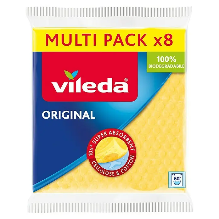 Vileda Schwammtuch XXL Sparpack - 8 Stk., Mehrfarbig, 18 x 20 cm - Vileda Multi Pack x8 Original: 100% biologisch abbaubare, super saugfähige Reinigungstücher aus Zellulose und Baumwolle, waschbar bei 60°.