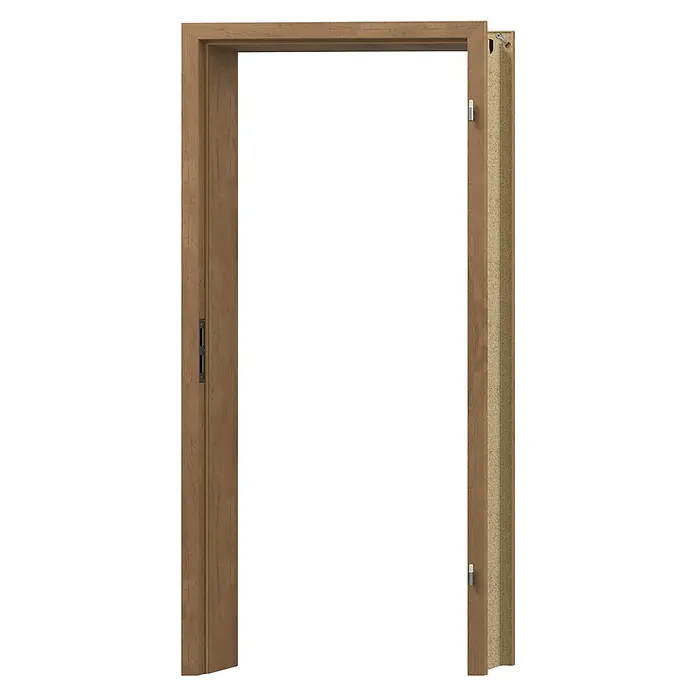 GetaDoor Laminit Türzarge GLQ 335 - 735 x 1.985 mm, Wandstärke: 100 mm, DIN Anschlag: Rechts, Eiche Ferox - Nahaufnahme eines Türrahmens aus hellem Holz mit sichtbarer Maserung und Beschlägen. Ideal für Innenausbau und Design.
