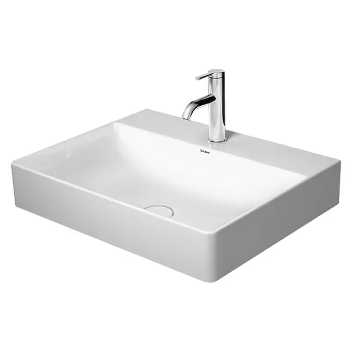 Duravit DuraSquare Waschtisch - 60 x 47 cm, Ohne Spezialglasur, Hahnloch: Mitte, Ohne Überlauf, Weiß, Geschliffen - Weißes rechteckiges Aufsatzwaschbecken mit schlankem Chromhahn für ein modernes Badezimmerdesign.