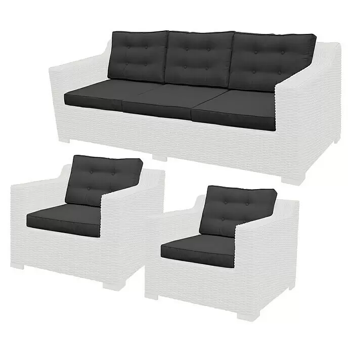 Sunfun Ersatzkissen Set Pauline - Passend für: Sunfun Pauline Loungemöbel-Set XXL - Weißes Rattan-Gartensofa und zwei Sessel mit dunkelgrauen Polstern.