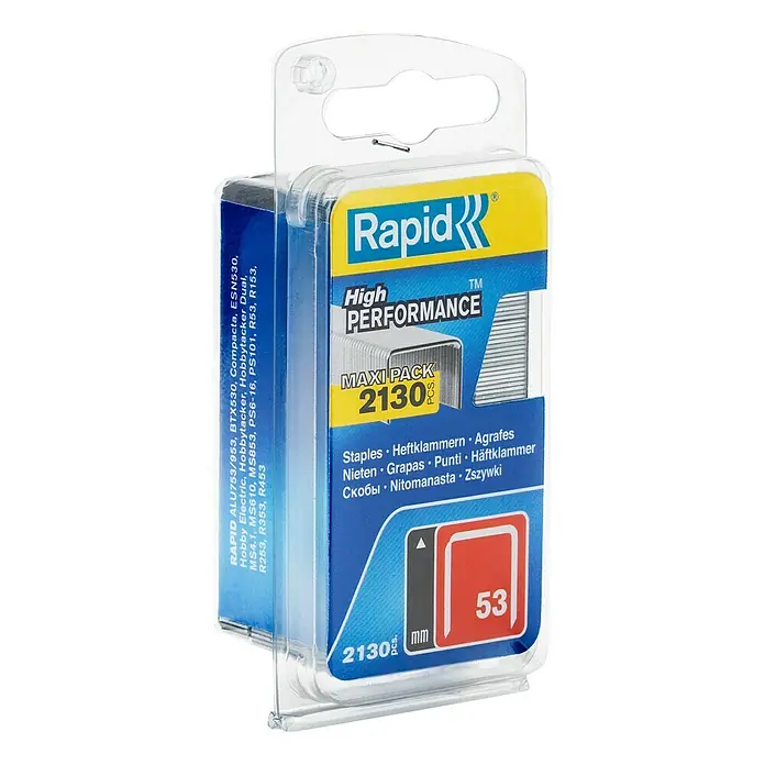 Rapid Heftklammer High Performance 53/8 - Klammertiefe: 8 mm, Stahl, 2.130 Stk., Breite: 0,75 mm, Blisterpack - Eine Packung Rapid Hochleistungs-Klammern mit 2130 Stück für diverse Tacker, ideal für Heimwerker und Profis.