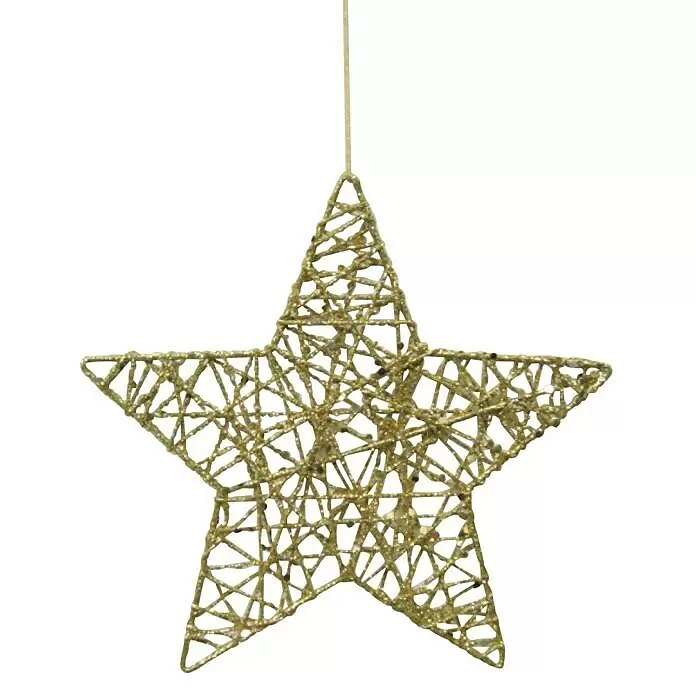 Dekoartikel - Gold, Draht, Stern, 15 cm - Goldenes geflochtenes sternförmiges Hängeornament.