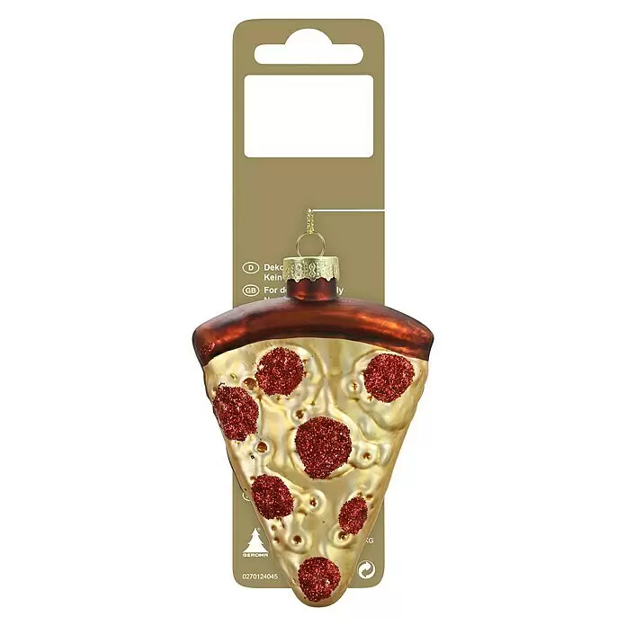Dekoartikel - Bunt, Glas, Pizzastück - Goldene Pizzastück-Christbaumkugel mit roter Glitzer-Salami, an braunem Etikett hängend.