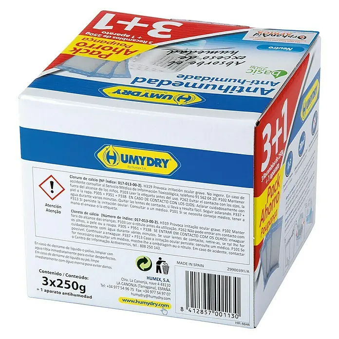 Humydry Pack deshumidificador Basic - 3 ud. - Imagen de un paquete Humydry Basic Anti-humedad 3+1, que absorbe la humedad y está fabricado en España.