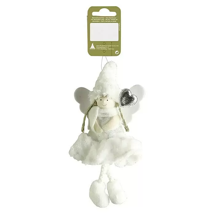 Geroma Christbaumschmuck Engel - 25 x 10 x 25 cm, Weiß/Silber, Kunststoff, 1 Stk. - Weiche, weiße Engel-Dekoration mit flauschiger Haube, Kleid, Flügeln und einem Silberherz, an einem grünen Etikett mit Hinweis "Nur zur Dekoration".