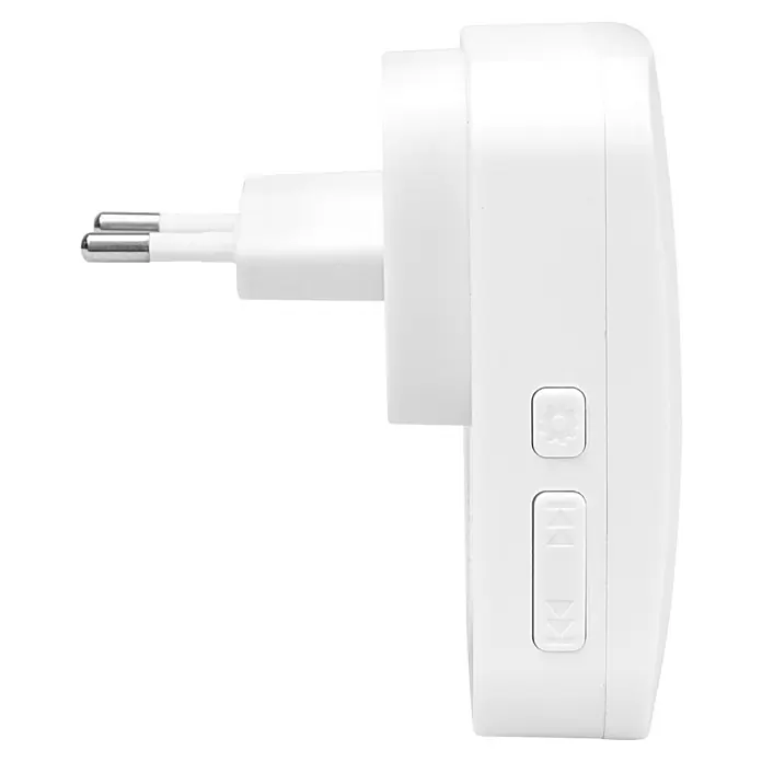 Garza Juego de timbre inalámbrico Plug+Kinetic - Plástico, Blanco - Primer plano de un adaptador de enchufe blanco con dos clavijas y controles laterales, sobre un fondo negro. Muestra el detalle.
