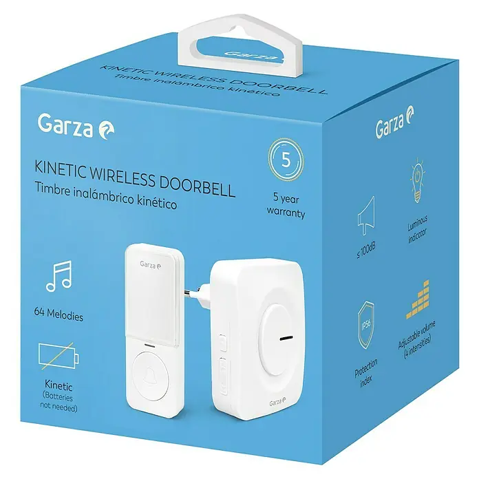 Garza Juego de timbre inalámbrico Plug+Kinetic - Plástico, Blanco - Imagen de un paquete de timbre inalámbrico cinético con una garantía de 5 años, 64 melodías y volumen ajustable.