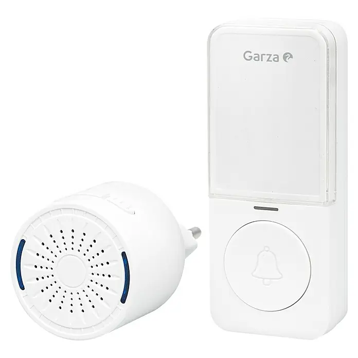 Garza Juego de timbre inalámbrico MIni Plug+Batería - Plástico, Blanco - Set de timbre inalámbrico blanco de Garza con transmisor y receptor para uso flexible en la casa.