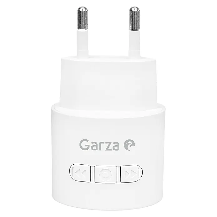 Garza Juego de timbre inalámbrico MIni Plug+Batería - Plástico, Blanco - Primer plano de un adaptador Garza blanco con dos pines y botones de control. Compacto y funcional para el uso diario.