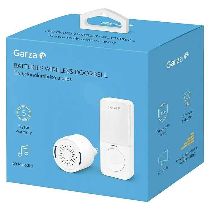 Garza Juego de timbre inalámbrico MIni Plug+Batería - Plástico, Blanco - Embalaje del timbre inalámbrico a pilas Garza con 5 años de garantía, 64 melodías, volumen ajustable e indicador luminoso.