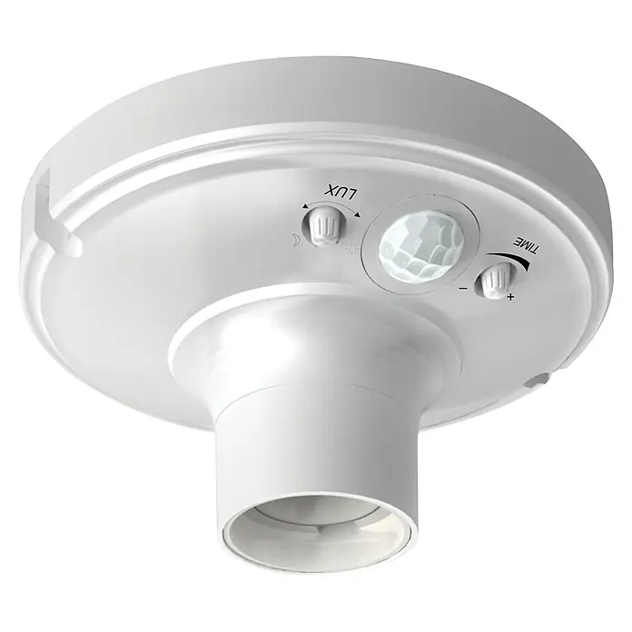 Garza Sensor de movimiento y portalámparas - Plástico, Blanco - Primer plano de un sensor de movimiento blanco con ajuste LUX y tiempo, diseñado para montaje en techo.