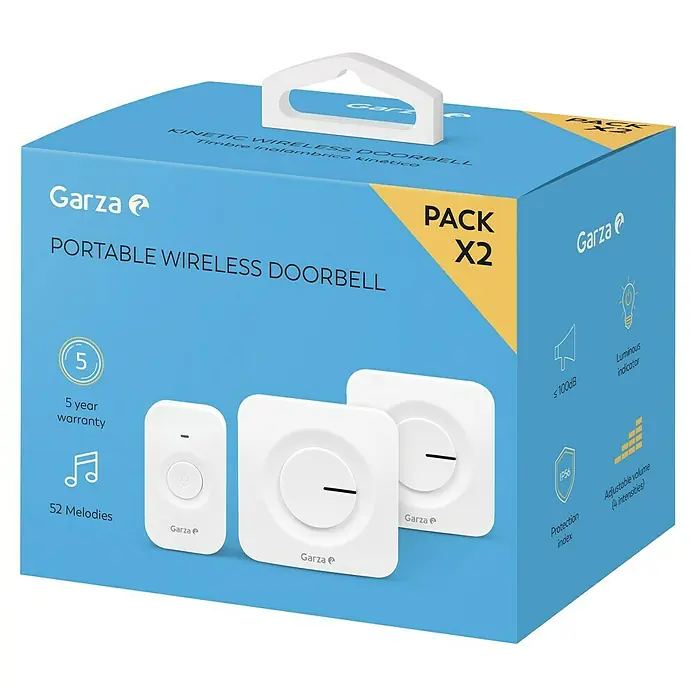 Garza Juego de timbre inalámbrico portátil - Blanco - Un paquete de dos timbres inalámbricos portátiles de Garza, perfecto para una fácil instalación y un uso flexible en toda la casa.