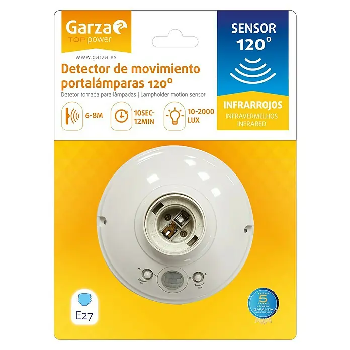 Garza Sensor de movimiento y portalámparas - Plástico, Blanco - Detector de movimiento Garza para lámparas con sensor de 120° y tecnología infrarroja. Apto para bombillas E27. Con 5 años de garantía.