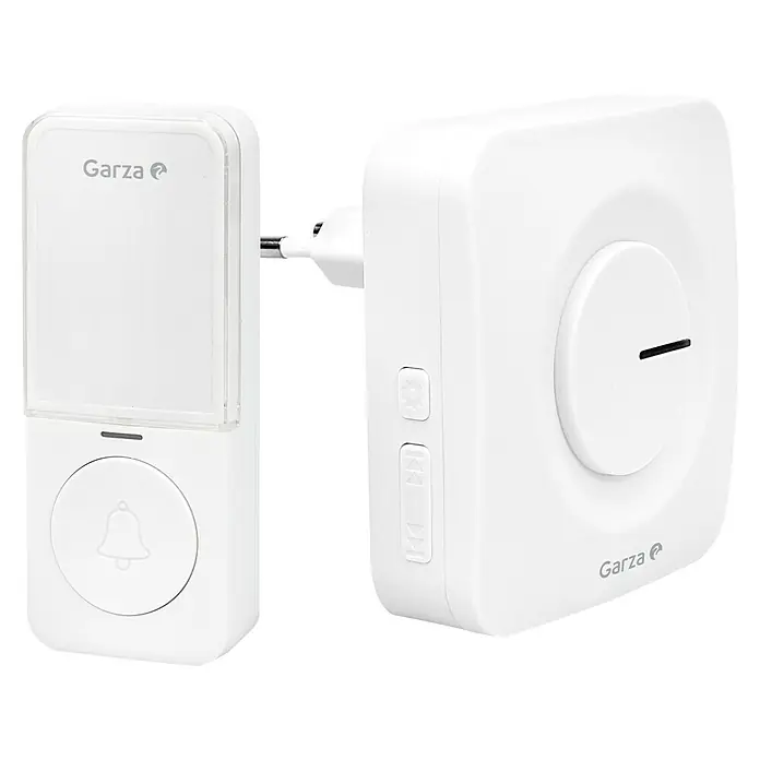 Garza Juego de timbre inalámbrico Plug+Kinetic - Plástico, Blanco - Set de timbre Garza blanco con transmisor y receptor para una fácil instalación.