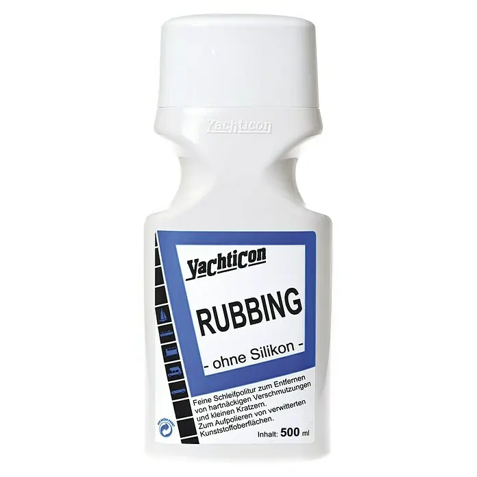 Yachticon Rubbing - Flüssig, Hochglänzend, 500 ml - Produktabbildung einer Flasche Yachticon Rubbing Schleifpolitur ohne Silikon zur Reinigung und Aufbereitung von Oberflächen.