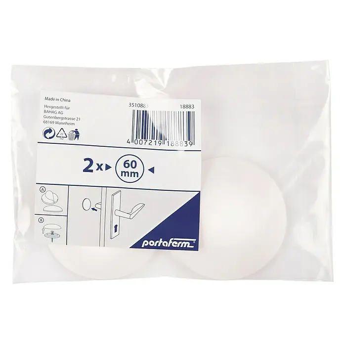 Portaferm Türpuffer - Durchmesser: 60 mm, Weiß, 2 Stk. - Nahaufnahme einer Packung Portaferm Türpuffer, die zwei runde, weiße Stopper mit 60 mm Durchmesser enthält.