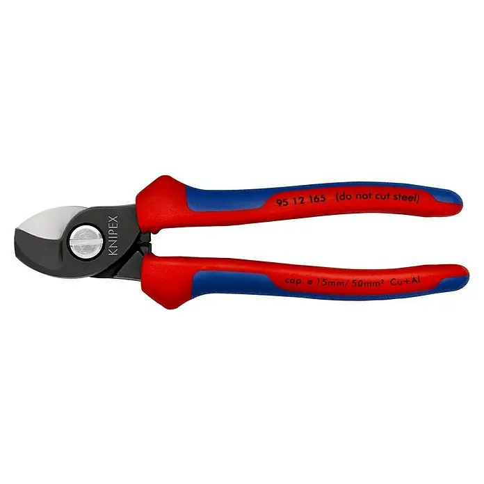 Knipex Kabelschere - Länge: 18 cm - Eine Knipex Kabelschere mit rot-blauen Griffen, die für Kupfer- und Aluminiumkabel bis zu 15 mm Durchmesser geeignet ist.