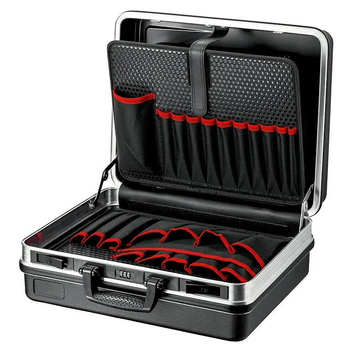 Knipex Werkzeugkoffer BasicFassungsvermögen: 27 l, Ohne Inhalt - Geöffneter Werkzeugkoffer mit Fächern und Tragegriff, ideal zur Aufbewahrung und zum Transport von Werkzeugen.