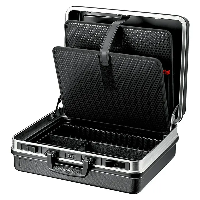Knipex Werkzeugkoffer BasicFassungsvermögen: 27 l, Ohne Inhalt - Offener, schwarzer und silberner Werkzeugkoffer mit Griff und Fächern. Ideal für die sichere Aufbewahrung und den Transport von Werkzeugen.