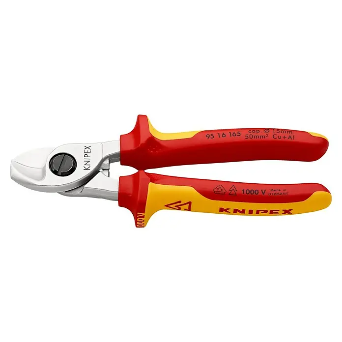 Knipex Kabelschere VDE - Länge: 165 mm - Knipex Kabelschneider mit rotem und gelbem Griff, geeignet für Kabel bis Ø 15mm oder 50mm² Cu+Al, isoliert bis 1000V, hergestellt in Deutschland.