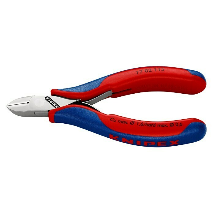 Knipex SeitenschneiderLänge: 115 mm, Material Griff: Mehrkomponenten-Hülle, Rund, Ausführung Kopf: Mit kleiner Facette Left Side View