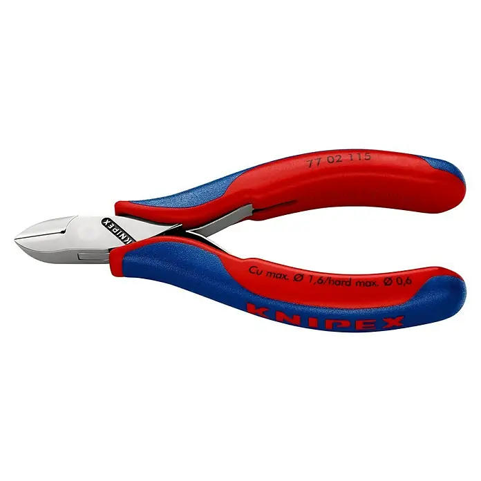 Knipex Seitenschneider - Länge: 11,5 cm, Härte Schneide: 60 HRC, Ölgehärtet - Ein Paar Knipex Seitenschneider mit blau-roten Griffen, ideal zum Schneiden von Drähten und Kabeln im professionellen Bereich.