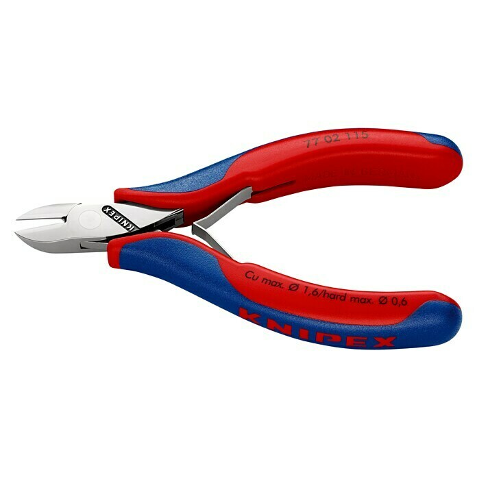 Knipex SeitenschneiderLänge: 115 mm, Material Griff: Mehrkomponenten-Hülle, Rund, Ausführung Kopf: Mit kleiner Facette Left Side View