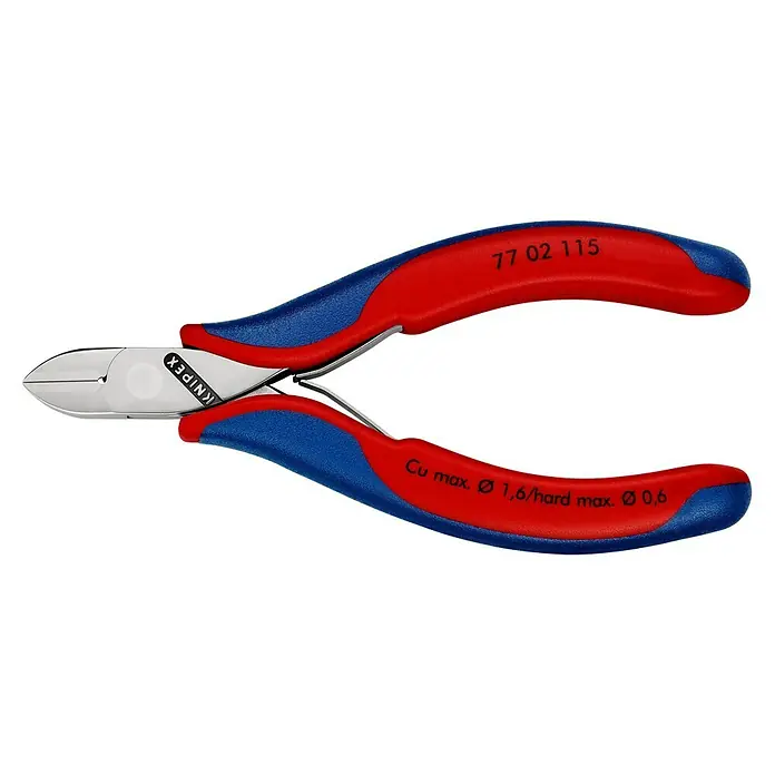 Knipex Seitenschneider - Länge: 11,5 cm, Härte Schneide: 60 HRC, Ölgehärtet - Bild einer Knipex Seitenschneider Zange, rot-blau, für Kupferdraht bis 1,6 mm, Hartdraht bis 0,6 mm, Modellnummer 77 02 115.