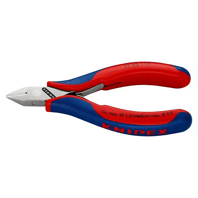 Knipex SeitenschneiderLänge: 11,5 cm, Härte Schneide: 57 HRC, Ölgehärtet, 0,3 mm - 1,3 mm - Eine Nahaufnahme einer roten und blauen Knipex Seitenschneiderzange, die sich ideal zum Schneiden von Drähten eignet.