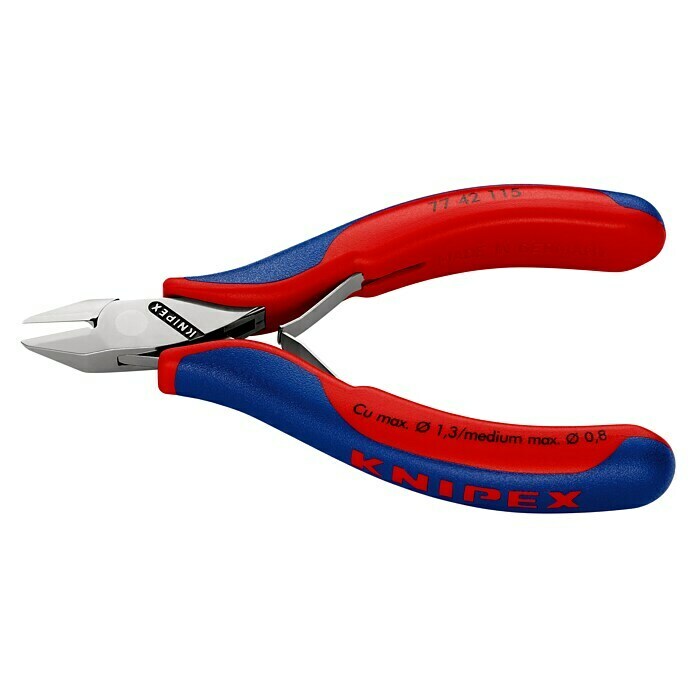 Knipex SeitenschneiderLänge: 115 mm, Material Griff: Mehrkomponenten-Hülle, Spitz, Ausführung Kopf: Mit kleiner Facette, Härte Schneide: Ca. 57 HRC Left Side View