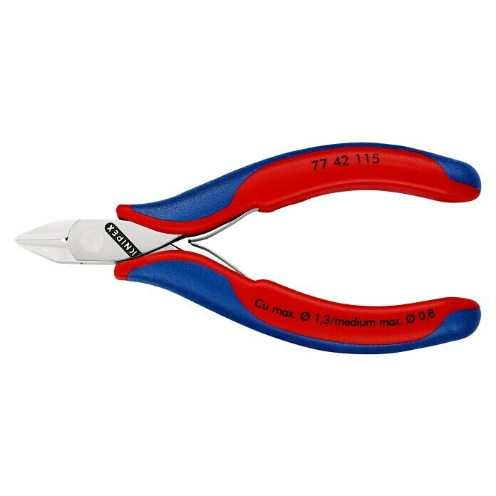 Knipex SeitenschneiderLänge: 115 mm, Material Griff: Mehrkomponenten-Hülle, Spitz, Ausführung Kopf: Mit kleiner Facette, Härte Schneide: Ca. 57 HRC Left Side View