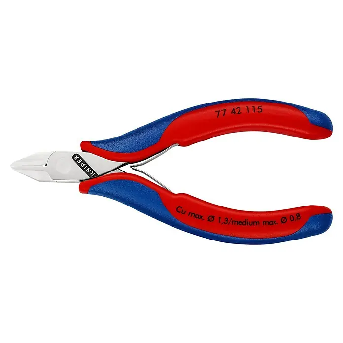 Knipex Seitenschneider - Länge: 11,5 cm, Härte Schneide: 57 HRC, Ölgehärtet, 0,3 mm - 1,3 mm - Knipex Seitenschneider, Modell 77 42 115, mit blau-roten Griffen und technischen Daten aufgedruckt, ein Werkzeug für präzise Schnitte.