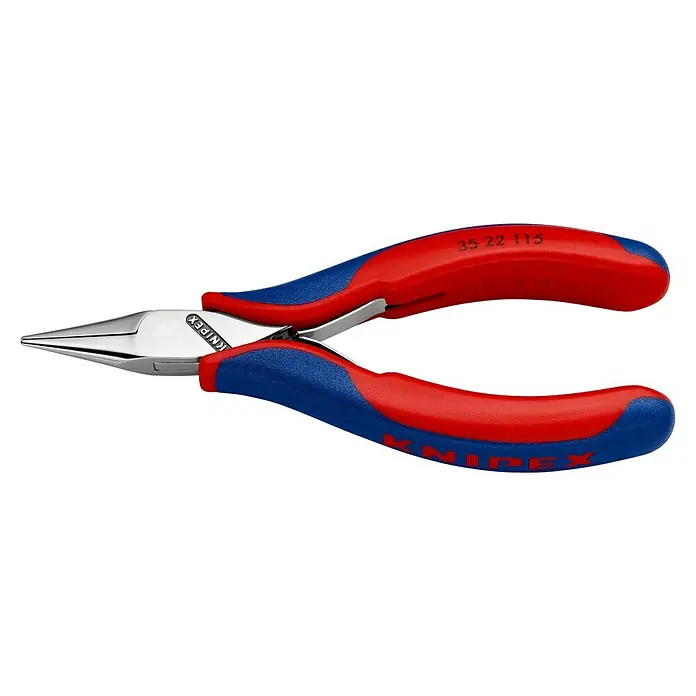 Knipex Flachrundzange - Länge: 11,5 cm, Backenform: Flachrund - Eine Knipex 35 22 115 Flachrundzange mit roten und blauen Griffen, ideal zum Greifen, Biegen und Schneiden in schwer zugänglichen Bereichen.