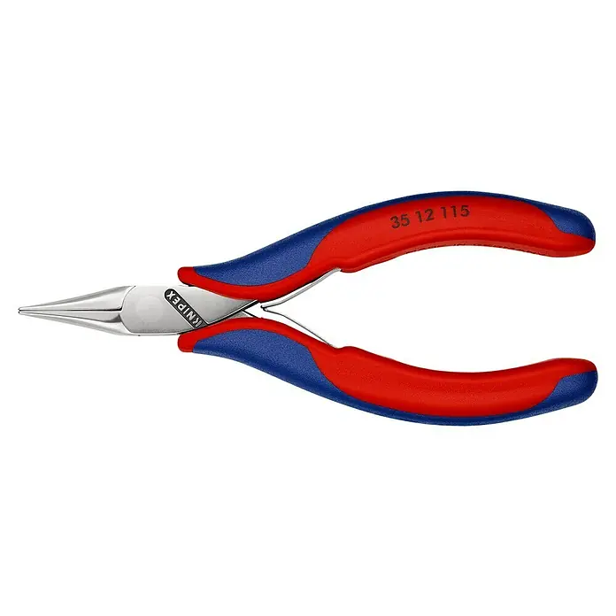 Knipex Flachrundzange - Länge: 11,5 cm, Backenform: Flach - Die Knipex 35 12 115 Spitzzange mit ihren rot-blauen Griffen ist ideal für feine Greif-, Biege- und Schneidarbeiten in schwer zugänglichen Bereichen.