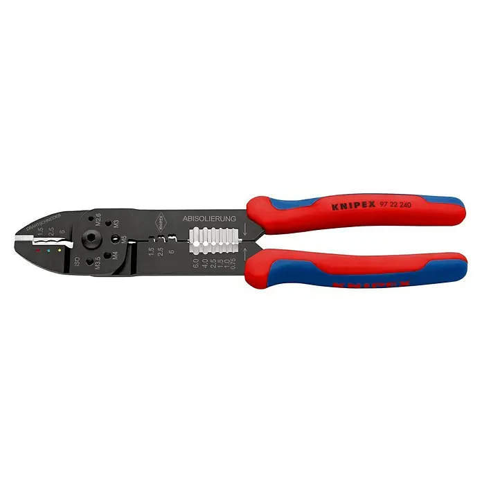 Knipex Crimpzange - Länge: 24 cm - Eine Knipex 97 22 240 Crimpzange mit mehrfarbigen Griffen, perfekt zum Abisolieren und Crimpen von Drähten.