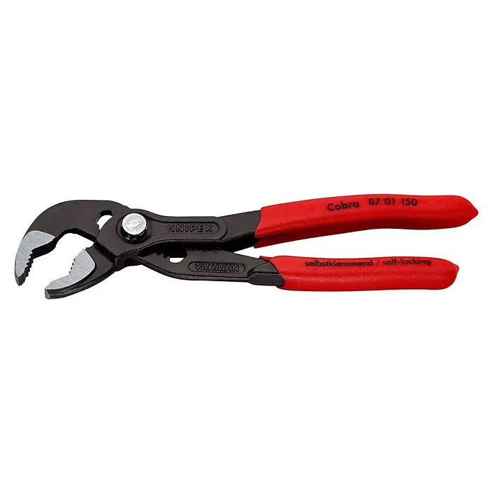 Knipex Cobra Wasserpumpenzange - Länge: 150 mm - Die Knipex Cobra 87 01 150 Wasserpumpenzange mit selbstklemmenden Backen und roten Griffen für sicheren Halt.