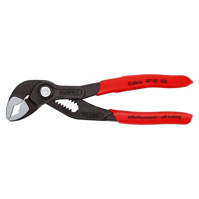Knipex Cobra Wasserpumpenzange - Länge: 150 mm - Die Knipex Cobra Wasserpumpenzange 87 01 150, ein robustes Werkzeug mit selbstklemmender Funktion und roten Griffen, für vielseitige Anwendungen.