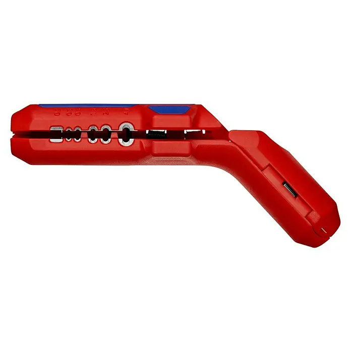 Knipex Abisolierzange - Passend für: 0,2/0,3/0,8/1,5/2,5/4 mm² Kabelquerschnitt - Rote Abisolierzange mit blauen Akzenten, ein Werkzeug zum präzisen Entfernen von Kabelisolierungen mit verschiedenen Größen.