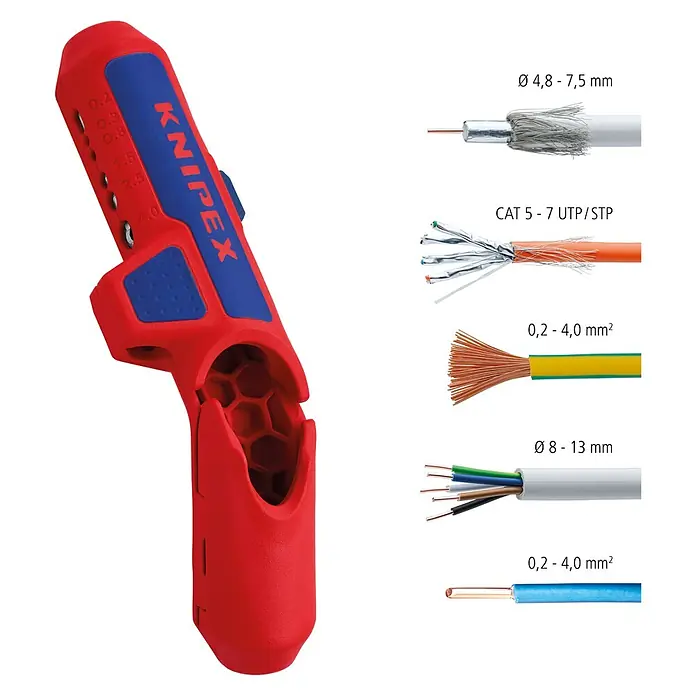 Knipex Abisolierzange - Passend für: 0,2/0,3/0,8/1,5/2,5/4 mm² Kabelquerschnitt - Knipex Abmantelwerkzeug mit verschiedenen Kabeltypen, die damit bearbeitet werden können. Präzises und schnelles Abmanteln von Kabeln.