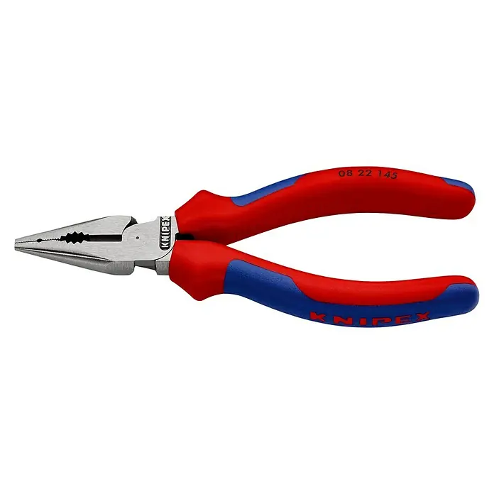 Knipex Kombizange - Länge: 14,5 cm - Eine Knipex-Spitzzange 08 22 145 mit rot-blauen Griffen. Das Werkzeug ist scharf und präzise gefertigt, ideal für feine Arbeiten.