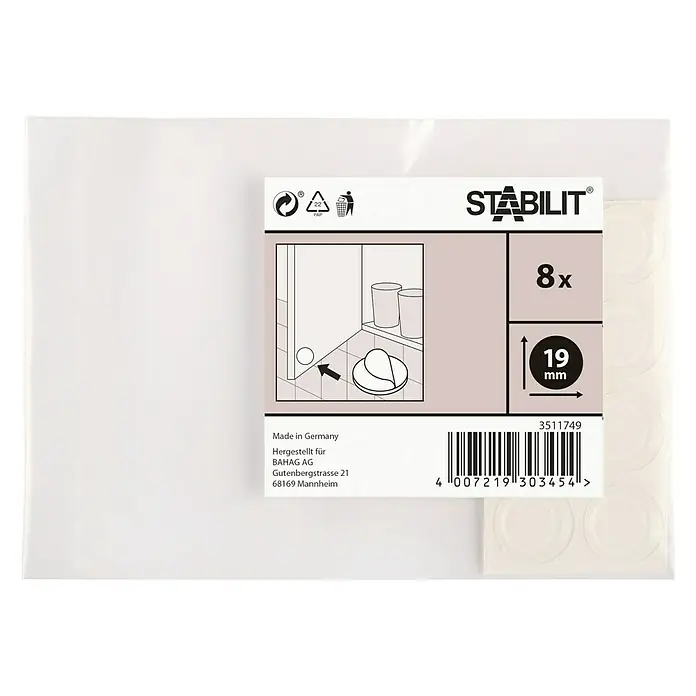 Stabilit Rutsch- & Lärmstopper - Durchmesser: 19 mm, Transparent, Kleben, 8 Stk. - Produktbild der Stabilit Türpuffer, 8 Stück, transparent, Durchmesser 19 mm, zum Schutz von Wänden und Möbeln vor Beschädigungen.