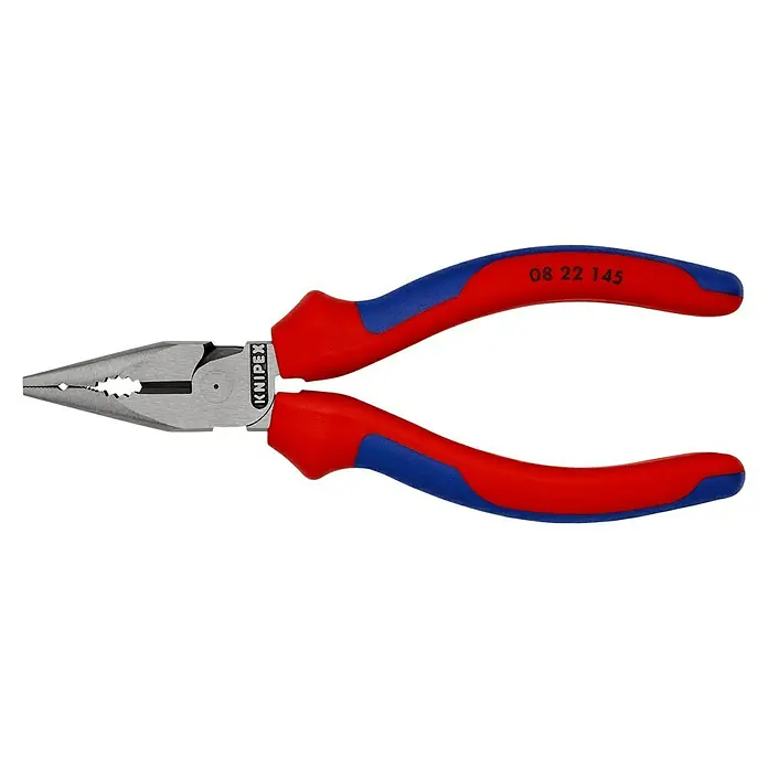 Knipex Kombizange - Länge: 14,5 cm - Knipex Spitzzange mit blau-roten Griffen. Das Werkzeug ist aus Metall und hat die Nummer 08 22 145 aufgedruckt.