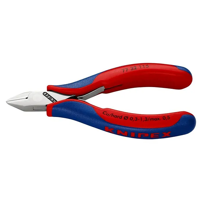 Knipex Seitenschneider - Länge: 11,5 cm, Härte Schneide: 60 HRC, Ölgehärtet, 0,3 mm - 1,3 mm - Eine Nahaufnahme einer Knipex Seitenschneider Zange mit blau-roten Griffen, die für präzise Schneidarbeiten konzipiert ist.