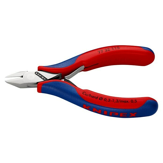 Knipex SeitenschneiderLänge: 115 mm, Material Griff: Mehrkomponenten-Hülle, Spitz, Ausführung Kopf: Mit kleiner Facette, Härte Schneide: Ca. 60 HRC Left Side View