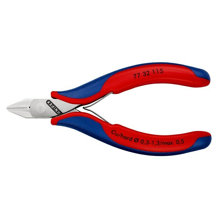 Knipex SeitenschneiderLänge: 115 mm, Material Griff: Mehrkomponenten-Hülle, Spitz, Ausführung Kopf: Mit kleiner Facette, Härte Schneide: Ca. 60 HRC Left Side View