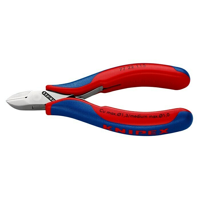 Knipex SeitenschneiderLänge: 115 mm, Material Griff: Mehrkomponenten-Hülle, Rund, Ausführung Kopf: Ohne Facette Left Side View