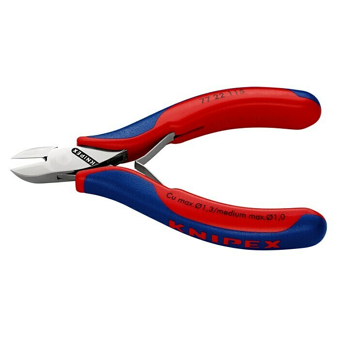 Knipex SeitenschneiderLänge: 115 mm, Material Griff: Mehrkomponenten-Hülle, Rund, Ausführung Kopf: Ohne Facette Left Side View