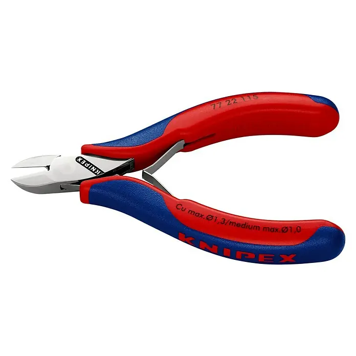 Knipex Seitenschneider - Länge: 11,5 cm, Härte Schneide: 60 HRC, Stahl - Eine Nahaufnahme einer Knipex Seitenschneider mit blau-roten Griffen, ideal für präzise Schneidarbeiten.